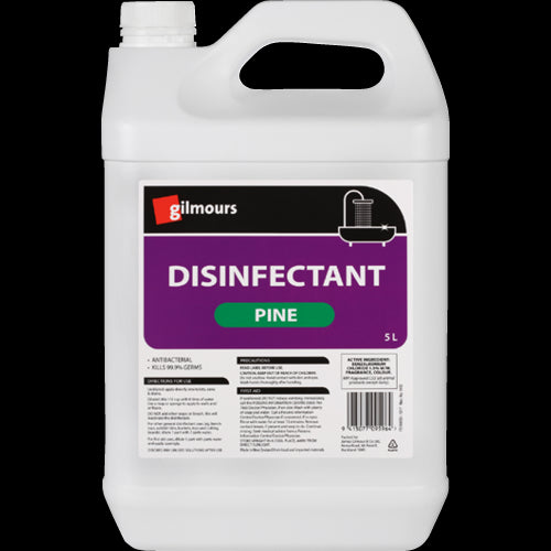 Gilmours Disinfectant Pine 5L, a powerful antibacterial cleaner with a refreshing pine scent for safe and effective sanitization.