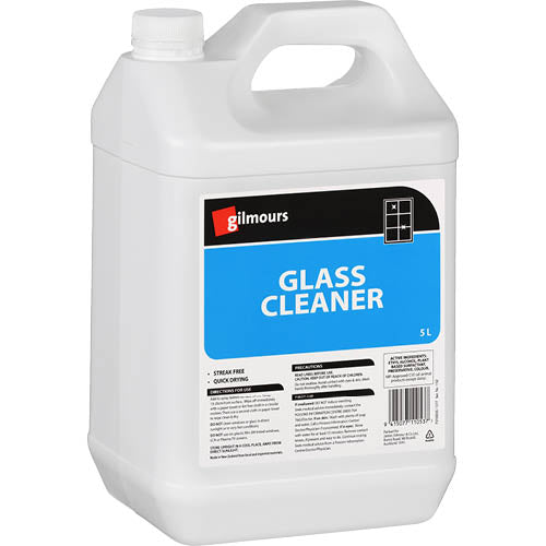 Gilmours Glass Cleaner 5L jug for streak-free shine on windows, mirrors, and glass surfaces; ammonia-free and easy to use.