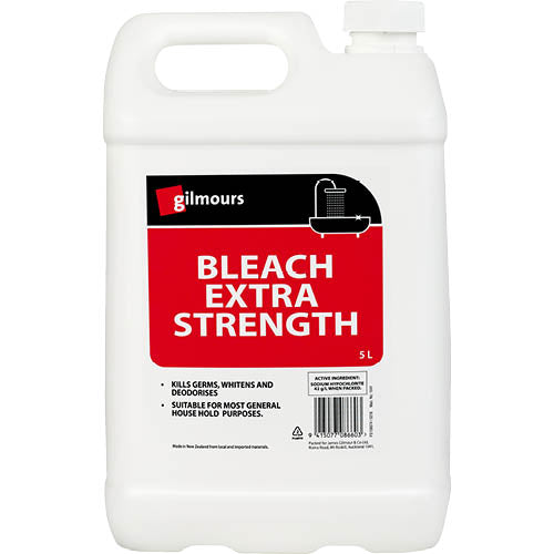 Gilmours Extra Strength Bleach 5L, a powerful cleaner for stains and disinfecting surfaces in homes and businesses.