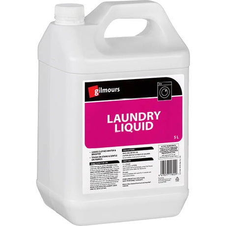 Gilmours Laundry Liquid 5L in a bottle, biodegradable detergent for tough stains and vibrant colors, gentle on fabrics.