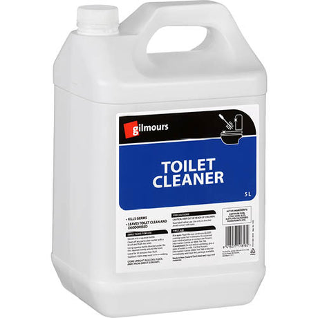 Gilmours Liquid Toilet Cleaner 5L, eco-friendly formula for powerful stain removal and fresh hygiene in toilets.