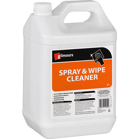 Gilmours All Purpose Cleaner Spray and Wipe 5L jug, versatile cleaner for tough stains on various surfaces, eco-friendly and safe.