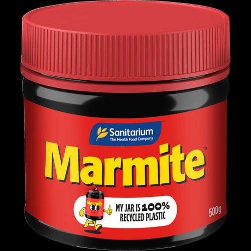 Sanitarium Marmite 500g jar, a nutritious yeast spread rich in vitamins and iron, perfect for toast or crackers.