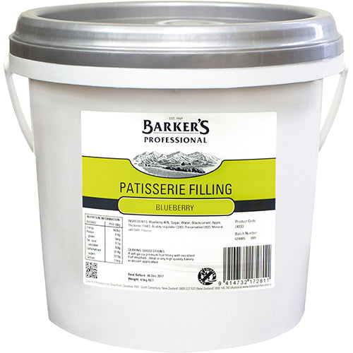 Barker's 4.5kg blueberry pastry filling, perfect for adding fruity flavor to cakes, pastries, and tarts.