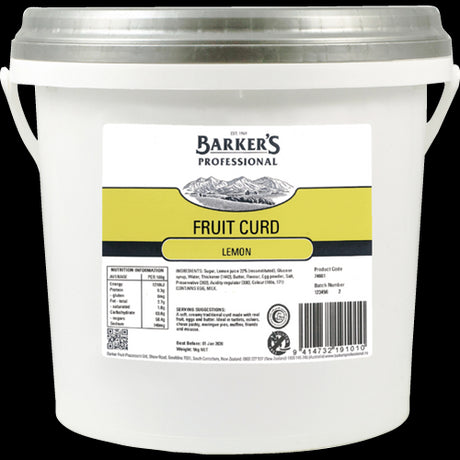 Barker's Lemon Fruit Curd 5kg tub, featuring a vibrant, tangy-sweet lemon flavor for desserts, spreads, and baking.