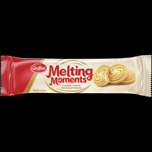 Delicious Griffin's Melting Moments Biscuits in a 250g bag, featuring a soft texture and gourmet flavors for indulgent snacking.