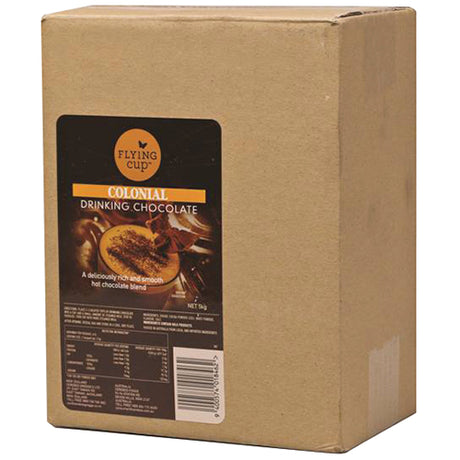 Flying Cup Colonial Drinking Chocolate 5kg package, rich cocoa blend for luxurious hot chocolate and desserts.