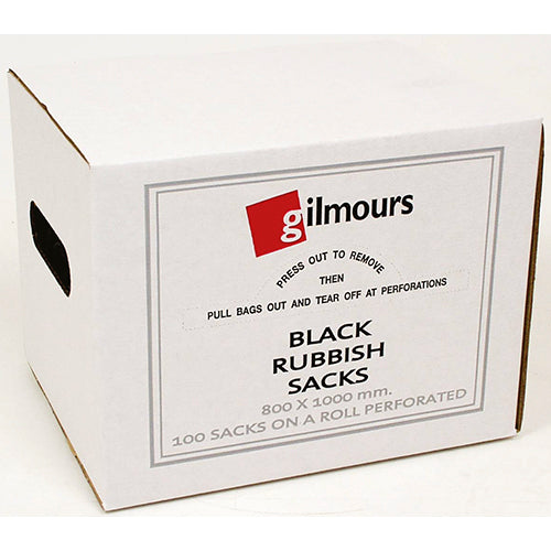 Durable Gilmours Rubbish Sacks, 800x1000mm, 100-pack, ideal for heavy waste disposal at home or on construction sites.