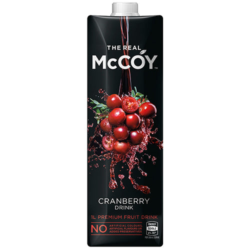 McCoy Cranberry Fruit Juice 1L, a refreshing drink packed with Vitamin C and no preservatives, perfect for hydration and health.