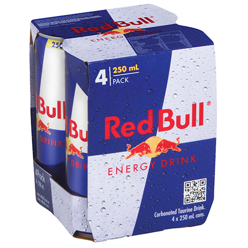 Four 250ml cans of Red Bull Energy Drink, featuring caffeine and vitamins for an energy boost, packaged in recyclable aluminum.