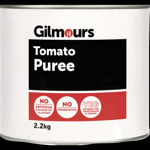 Rich, velvety Gilmours Tomato Puree in a 2.2kg can, perfect for enhancing sauces, soups, and stews with robust flavor.