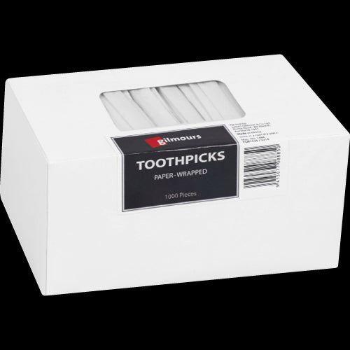 Eco-friendly Gilmours paper wrapped toothpicks, 1000-pack, perfect for oral hygiene and dining experiences.