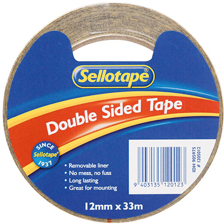 Sellotape Double Sided Tape, 12mm x 33m, versatile adhesive for crafting, DIY, and everyday tasks with strong, clean bonds.