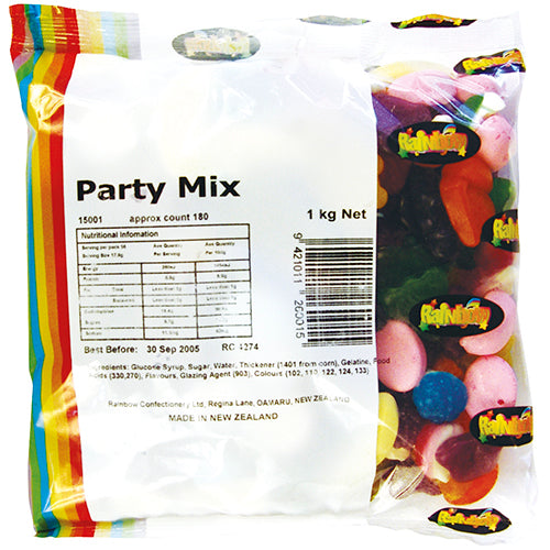 Colorful 1kg Rainbow Party Mix featuring gummies and candies, perfect for festive occasions and sharing at celebrations.