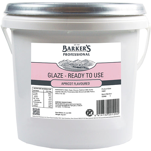 Barker's Apricot Flavoured Glaze in a 5kg container, perfect for enhancing desserts, meats, and pastries with a fruity finish.