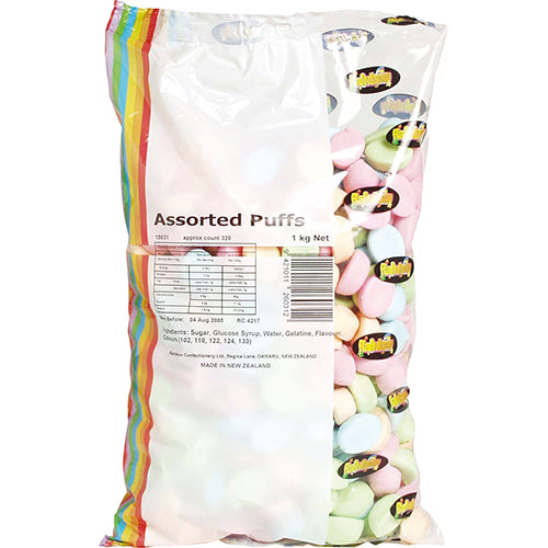 Colorful 1kg bag of Rainbow Assorted Puffs, a delightful, crunchy snack perfect for sharing at any occasion.