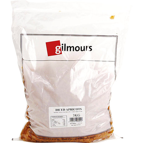 3kg pack of Gilmours Diced Apricots, perfect for baking or snacking, offering natural sweetness and rich nutrition.