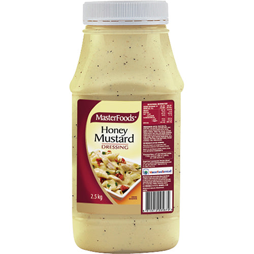 Masterfoods Honey Mustard Dressing 2.5kg bottle, perfect for salads, sandwiches, and marinades with sweet and tangy flavors.