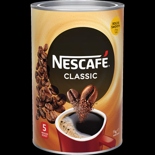 Nescafe Classic Coffee Tin 1kg, offering rich and bold flavor for a perfect coffee experience at home or in the office.