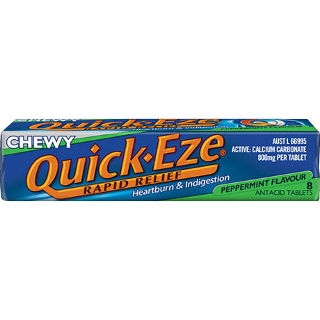 Quick-Eze Peppermint Chewable Antacid Tablets offer fast heartburn relief in a tasty, family-friendly format.