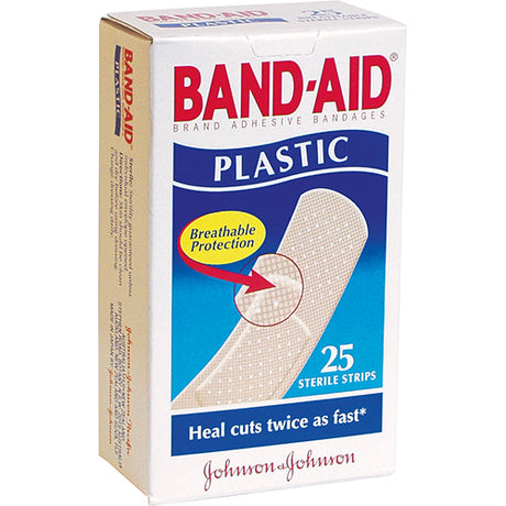 Band-Aid Plastic Strips 25pk for minor cuts, waterproof, flexible, non-stick pads for comfort and protection.