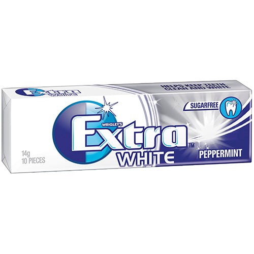 Wrigley's Extra Professional White Peppermint Sugarfree Gum, 30 packs of 14g, promotes fresh breath and dental health.