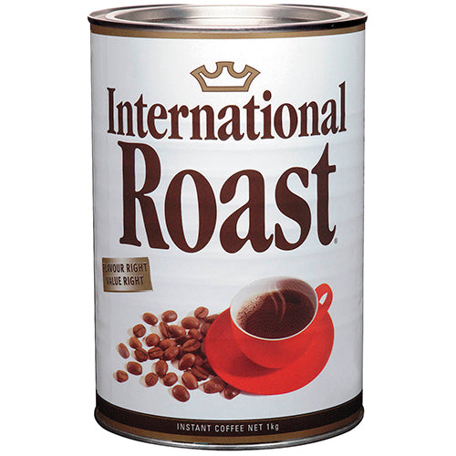 1kg International Roast Coffee Tin showcasing premium Arabica beans for a smooth, rich coffee experience.