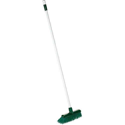 Raven Deluxe Outdoor Broom featuring sturdy bristles, ergonomic handle, and vibrant color for efficient outdoor cleaning.