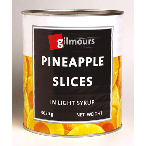 A can of Gilmours Sliced Pineapple in Syrup, featuring sweet, golden slices ideal for desserts and smoothies.