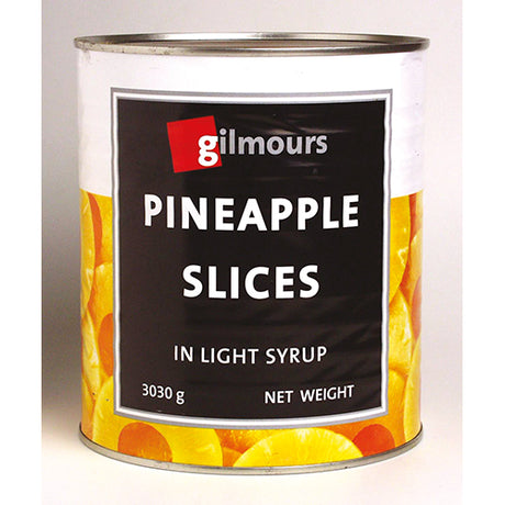 A can of Gilmours Sliced Pineapple in Syrup, featuring sweet, golden slices ideal for desserts and smoothies.