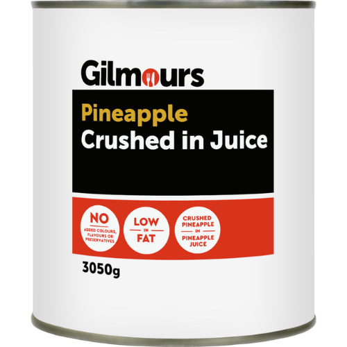 Canned Gilmours Crushed Pineapple in Juice 3050g, ideal for baking, smoothies, and tropical dishes, packed for freshness.