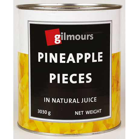 Gilmours Pineapple in Juice A10 features juicy chunks in natural juice, perfect for desserts, smoothies, and cooking.