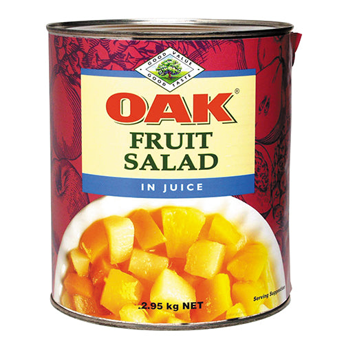 Oak Fruit Salad In Juice 2.95kg, a colorful mix of peaches, pears, and pineapples in light juice, perfect for snacks or desserts.