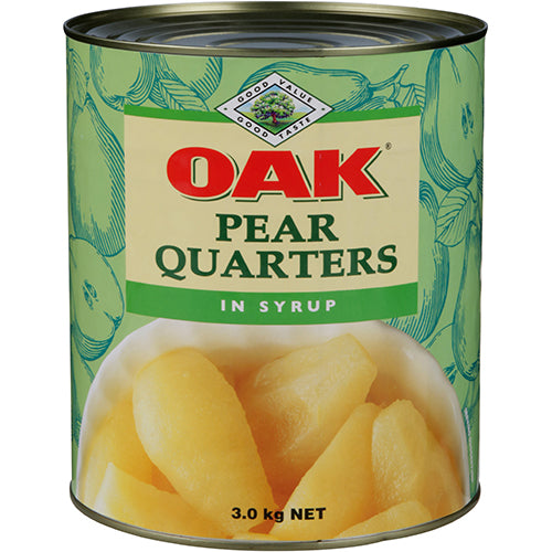 Oak Pear Quarters in syrup, featuring ripe pears in sweet syrup, perfect for desserts and cocktails, with sweet and smoky flavors.