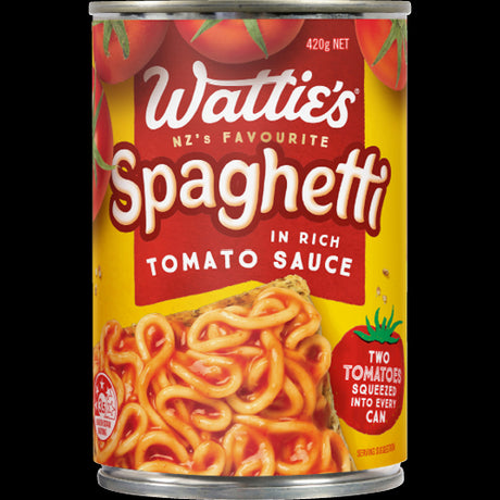 Wattie's Spaghetti in Tomato Sauce 420g, featuring field-grown tomatoes and fresh pasta, perfect for quick meals and versatile recipes.