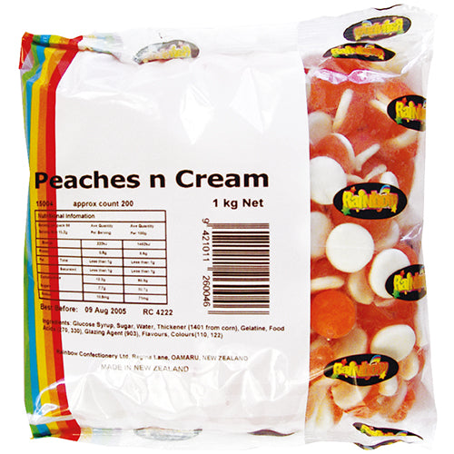 Colorful 1kg bag of Rainbow Peaches n Cream sweets, featuring fruity peach flavor and creamy texture, perfect for sharing.