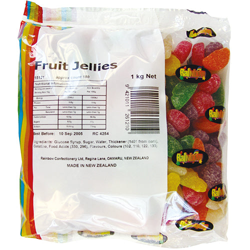 Vibrant 1kg bag of Rainbow Fruit Jellies, featuring colorful, fruity chewy candies, perfect for sharing at parties or snacks.