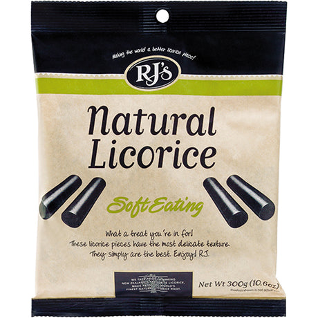 RJ's Original Soft Eating Licorice 300g features soft, chewy licorice, perfect for sharing or snacking, and is vegetarian-friendly.