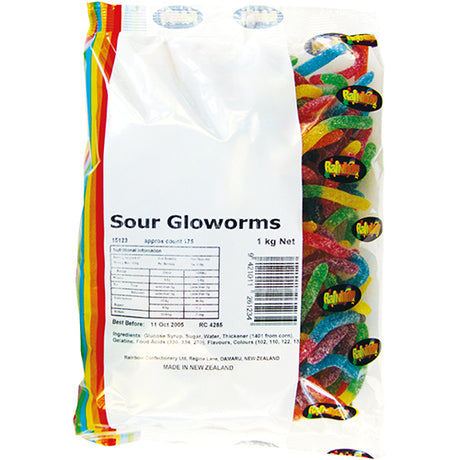 Vibrant 1kg bag of Rainbow Sour Gloworms, colorful gummy worms coated in tangy sour sugar, perfect for parties and snacking.