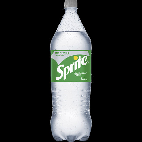 Sprite Zero Sugar Soft Drink in a 1.5-liter bottle, featuring crisp lemon-lime flavor with no sugar or added colors.