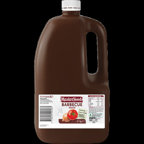 Masterfoods Barbeque Sauce 4.7kg bottle, rich and tangy, perfect for marinating, basting, or dipping grilled meats.