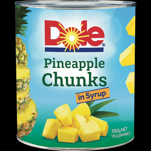 Dole Pineapple Chunks in Syrup 3kg, sweet juicy chunks in syrup, perfect for desserts, smoothies, and tropical recipes.