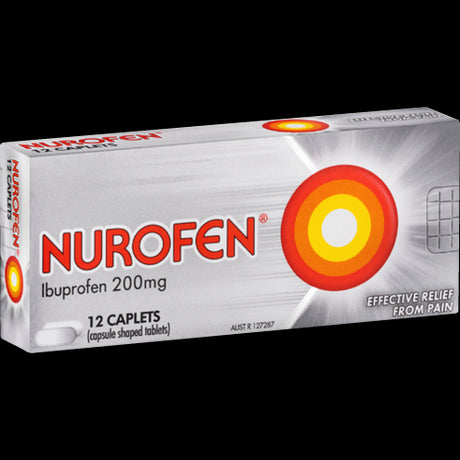 Nurofen Ibuprofen Pain Relief Caplets, 200mg, oval shape for easy swallowing, effective for headaches, back pain, and more.