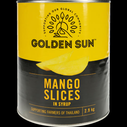 Golden Sun Mango Slices in syrup, 2.9kg jar, featuring juicy handpicked mangoes, perfect for desserts and smoothies.