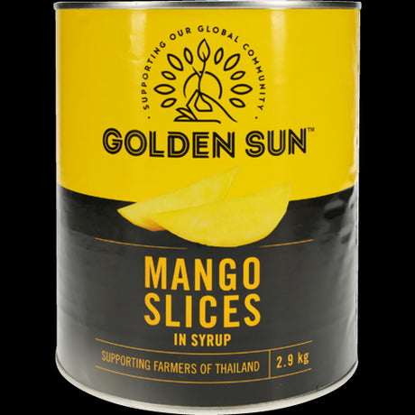 Golden Sun Mango Slices in syrup, 2.9kg jar, featuring juicy handpicked mangoes, perfect for desserts and smoothies.