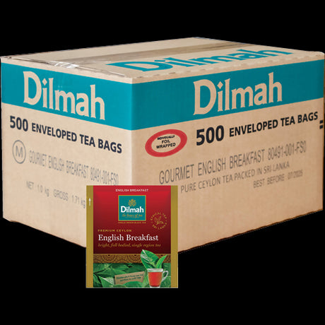 Dilmah Gourmet English Breakfast Tea Bags in foil wrap, 500 pack, offering rich flavor and convenience for your morning routine.