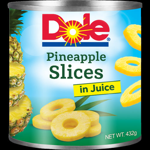 Dole Pineapple Slices in Juice 432g, perfect for snacking, baking, or enhancing your favorite dishes with tropical sweetness.