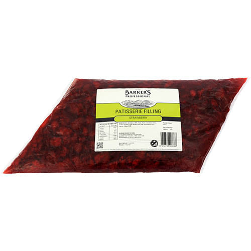 Barker's Strawberry Patisserie Filling 1.25kg, a gluten-free, fruity filling for enhancing pastries and desserts.