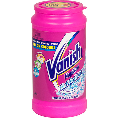 Vanish Napisan OxiAction Stain Remover Powder 1kg, effective on tough stains, safe for colors and whites, works in cold water.