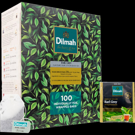 Dilmah Earl Grey Tea Bags in a 100-pack, offering a premium black tea blend infused with bergamot for a refined, citrus aroma.